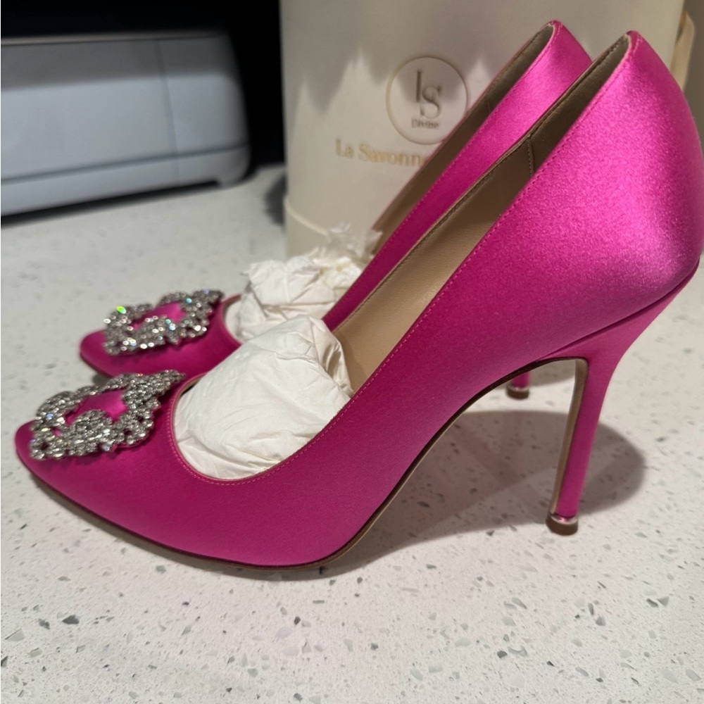 Manolo Blahnik Fuchsia Satin Heels with Crystal Accents